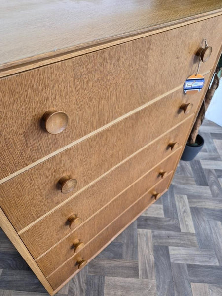 Vintage Mid-Century Meredew Blonde Oak 5 Drawer Chest Tallboy Scandi Retro