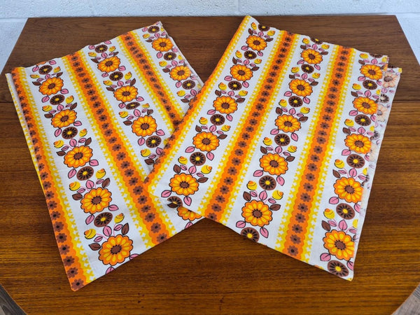 Vintage Mid-Century Pair Of Curtains Orange & White Floral Stripe Cotton L120cm