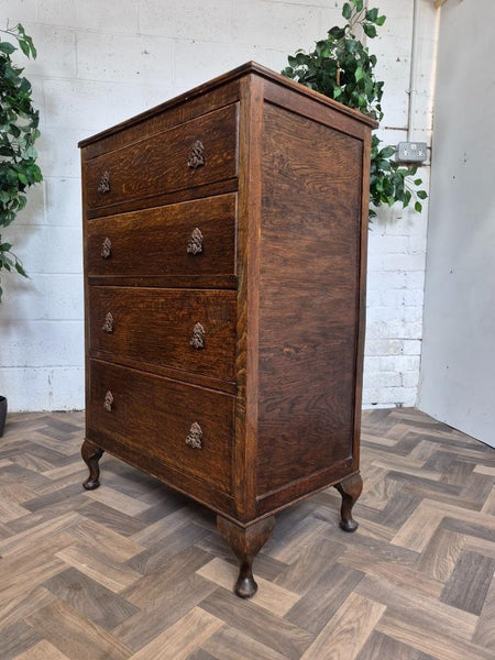 Antique 1920's Oak Chest Of 4 Drawers Gothic Handles Vintage