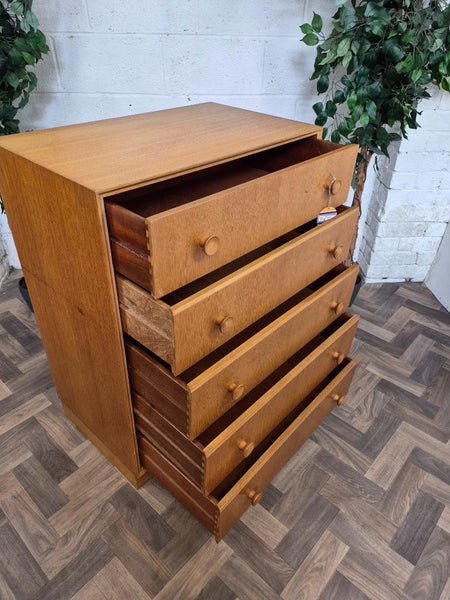 Vintage Mid-Century Meredew Blonde Oak 5 Drawer Chest Tallboy Scandi Retro