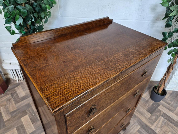 Antique 1920's Oak Chest Of 4 Drawers Gothic Handles Vintage