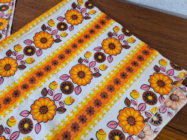 Vintage Mid-Century Pair Of Curtains Orange & White Floral Stripe Cotton L120cm