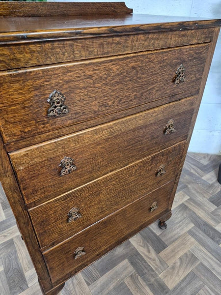 Antique 1920's Oak Chest Of 4 Drawers Gothic Handles Vintage