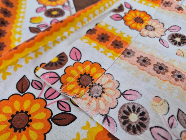Vintage Mid-Century Pair Of Curtains Orange & White Floral Stripe Cotton L120cm