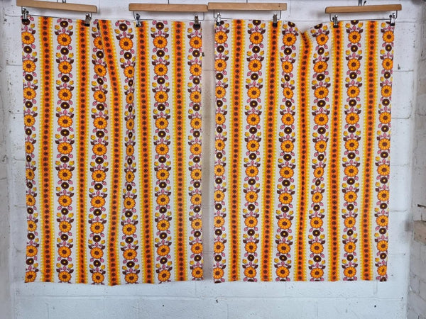 Vintage Mid-Century Pair Of Curtains Orange & White Floral Stripe Cotton L120cm