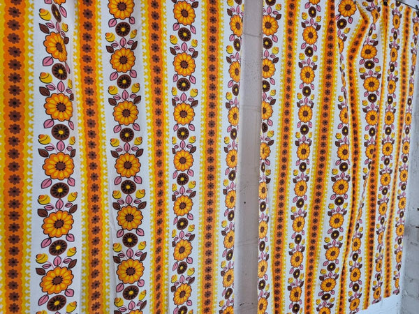 Vintage Mid-Century Pair Of Curtains Orange & White Floral Stripe Cotton L120cm