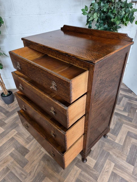 Antique 1920's Oak Chest Of 4 Drawers Gothic Handles Vintage