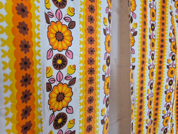 Vintage Mid-Century Pair Of Curtains Orange & White Floral Stripe Cotton L120cm