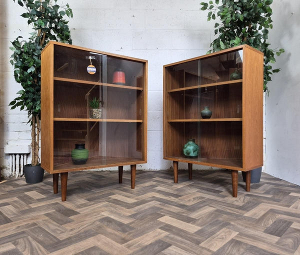 Pair Of Vintage Mid-Century Teak & Glass Bookcases Shelf Units Danish Scandi MCM