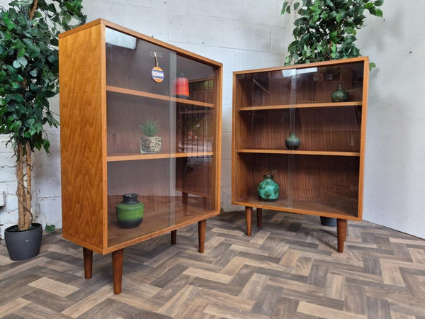 Pair Of Vintage Mid-Century Teak & Glass Bookcases Shelf Units Danish Scandi MCM