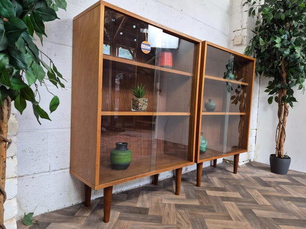 Pair Of Vintage Mid-Century Teak & Glass Bookcases Shelf Units Danish Scandi MCM