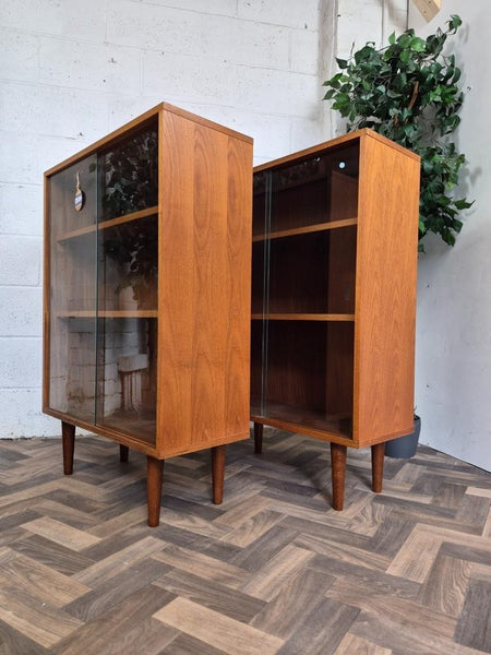 Pair Of Vintage Mid-Century Teak & Glass Bookcases Shelf Units Danish Scandi MCM