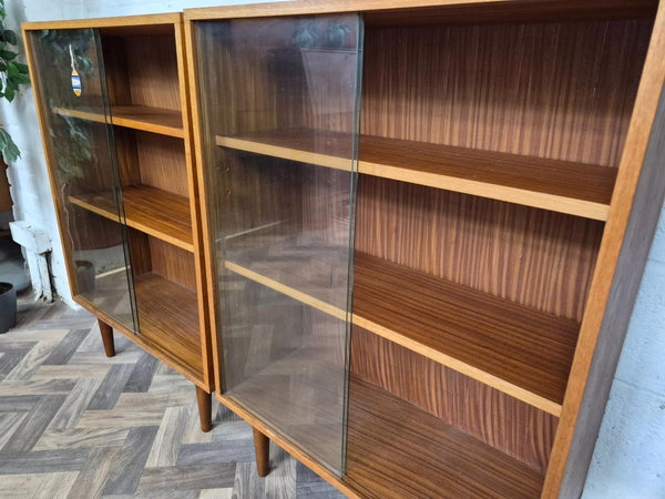 Pair Of Vintage Mid-Century Teak & Glass Bookcases Shelf Units Danish Scandi MCM