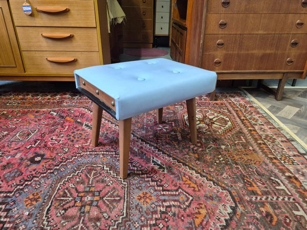 Vintage Mid-Century Teak & White Vinyl Foot Stool Pouffe Retro 60's