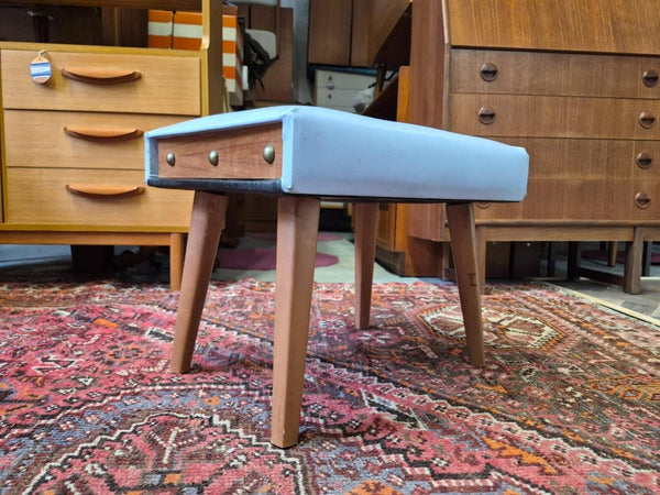 Vintage Mid-Century Teak & White Vinyl Foot Stool Pouffe Retro 60's