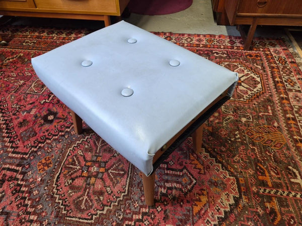 Vintage Mid-Century Teak & White Vinyl Foot Stool Pouffe Retro 60's