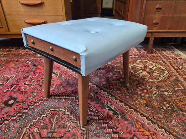 Vintage Mid-Century Teak & White Vinyl Foot Stool Pouffe Retro 60's