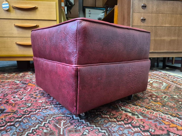 Vintage Mid-Century Red Vinyl Square Foot Stool Pouffe Retro 60's
