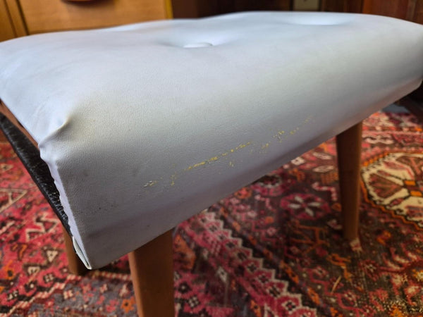 Vintage Mid-Century Teak & White Vinyl Foot Stool Pouffe Retro 60's