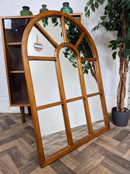 Vintage Mid-Century Arched Teak Window Pane Panel Mirror Danish Scandi Retro MCM