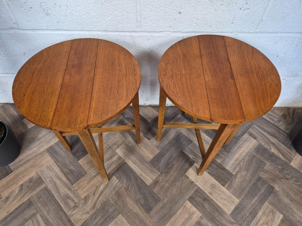 Pair Of Vintage 1960's Teak Round Tables Bedside Dropleaf Mid-Century Retro
