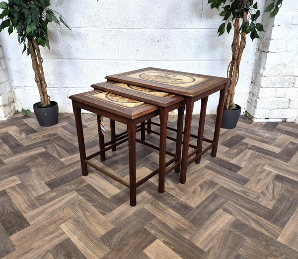 Vintage Mid-Century Nest Of Tables Teak Tiled Deer Pattern Scandi Retro MCM