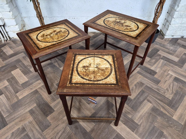 Vintage Mid-Century Nest Of Tables Teak Tiled Deer Pattern Scandi Retro MCM