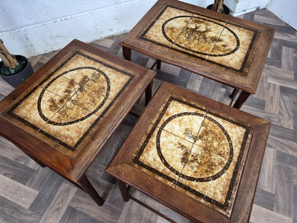 Vintage Mid-Century Nest Of Tables Teak Tiled Deer Pattern Scandi Retro MCM