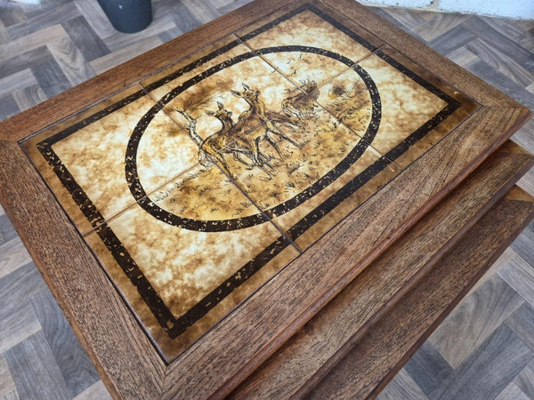 Vintage Mid-Century Nest Of Tables Teak Tiled Deer Pattern Scandi Retro MCM
