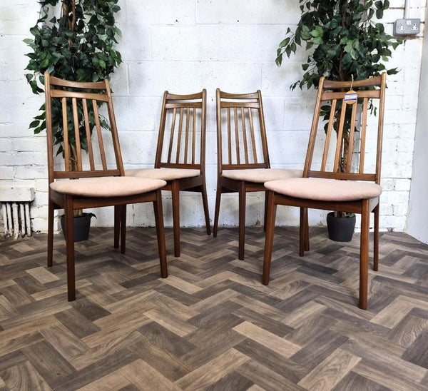 Set Of 4 Vintage Mid-Century Teak & Beige Velour Dining Chairs Danish Retro MCM