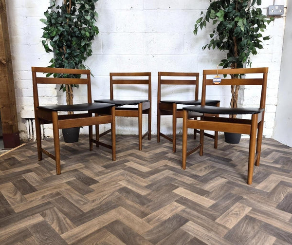 Set Of 4 Vintage Mid-Century Teak & Black Vinyl Dining Chairs Scandi Retro MCM