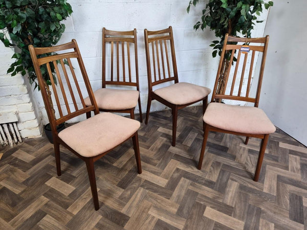 Set Of 4 Vintage Mid-Century Teak & Beige Velour Dining Chairs Danish Retro MCM