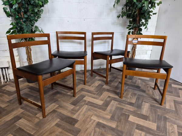 Set Of 4 Vintage Mid-Century Teak & Black Vinyl Dining Chairs Scandi Retro MCM