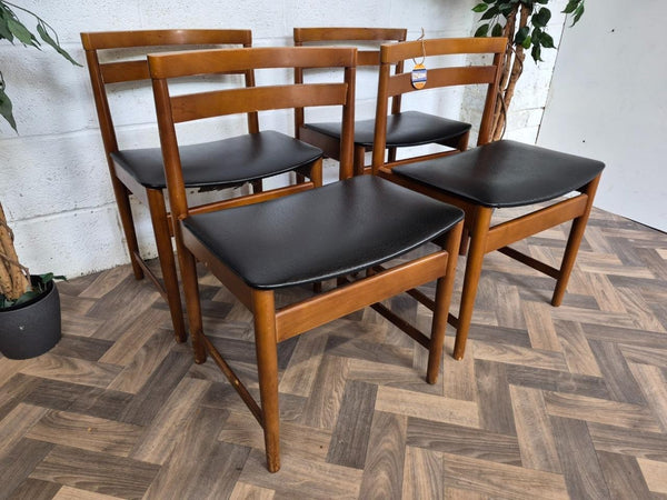 Set Of 4 Vintage Mid-Century Teak & Black Vinyl Dining Chairs Scandi Retro MCM