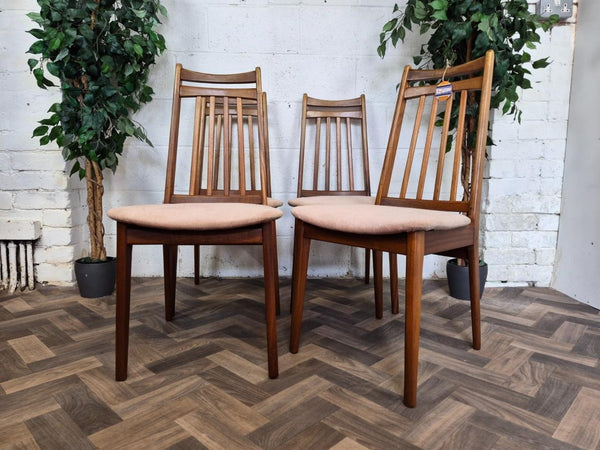 Set Of 4 Vintage Mid-Century Teak & Beige Velour Dining Chairs Danish Retro MCM