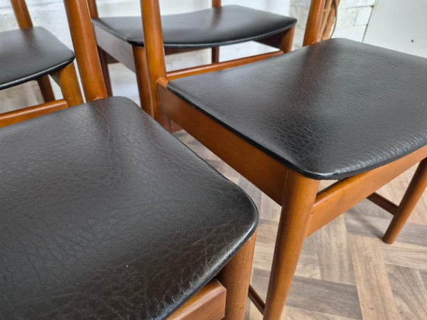 Set Of 4 Vintage Mid-Century Teak & Black Vinyl Dining Chairs Scandi Retro MCM