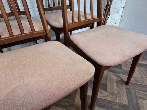 Set Of 4 Vintage Mid-Century Teak & Beige Velour Dining Chairs Danish Retro MCM