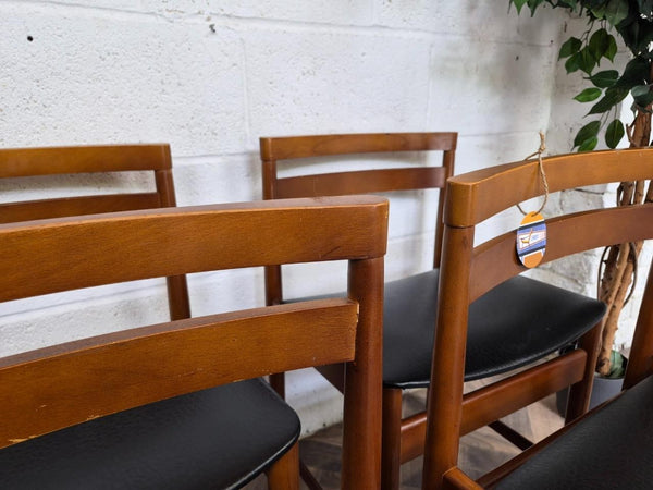 Set Of 4 Vintage Mid-Century Teak & Black Vinyl Dining Chairs Scandi Retro MCM