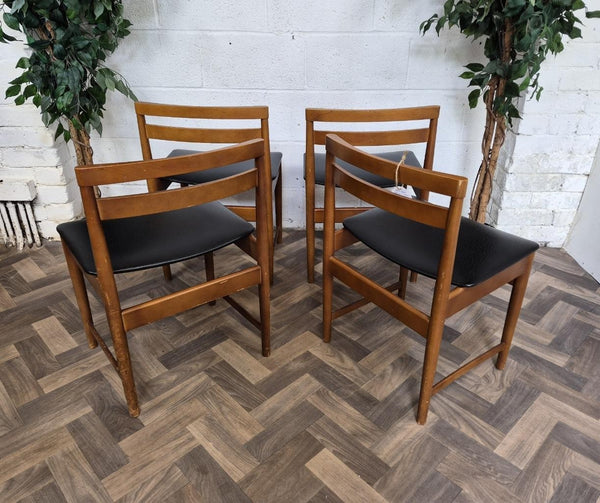 Set Of 4 Vintage Mid-Century Teak & Black Vinyl Dining Chairs Scandi Retro MCM