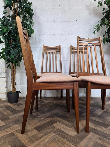 Set Of 4 Vintage Mid-Century Teak & Beige Velour Dining Chairs Danish Retro MCM