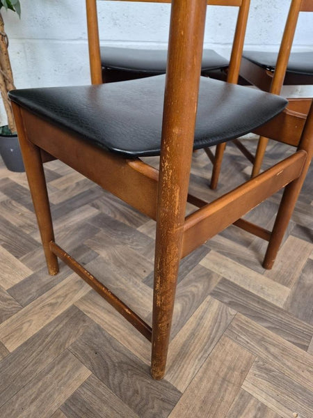 Set Of 4 Vintage Mid-Century Teak & Black Vinyl Dining Chairs Scandi Retro MCM