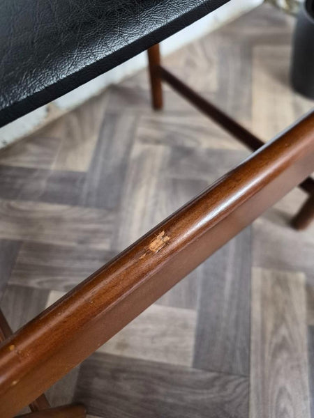Set Of 4 Vintage Mid-Century Teak & Black Vinyl Dining Chairs Scandi Retro MCM