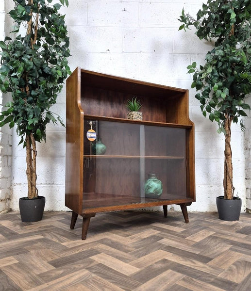 Vintage Mid-Century Dark Teak Tola Wood & Glass Slim Bookcase Scandi Retro MCM