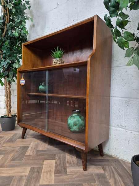 Vintage Mid-Century Dark Teak Tola Wood & Glass Slim Bookcase Scandi Retro MCM