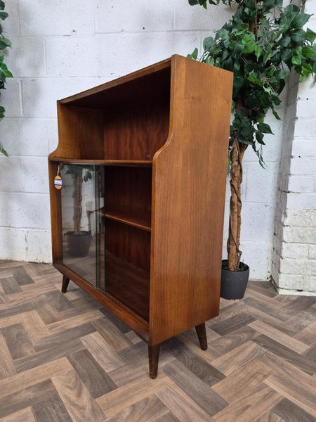 Vintage Mid-Century Dark Teak Tola Wood & Glass Slim Bookcase Scandi Retro MCM