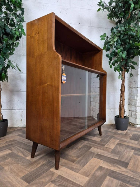 Vintage Mid-Century Dark Teak Tola Wood & Glass Slim Bookcase Scandi Retro MCM
