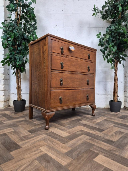 Antique 1920's Oak Chest Of 4 Drawers Vintage Retro
