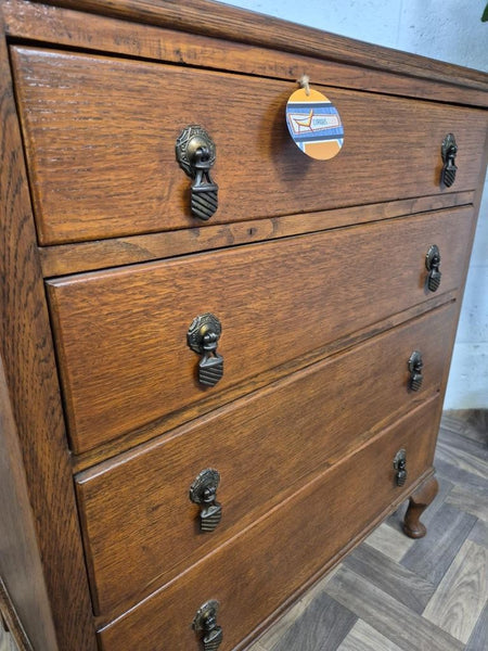 Antique 1920's Oak Chest Of 4 Drawers Vintage Retro