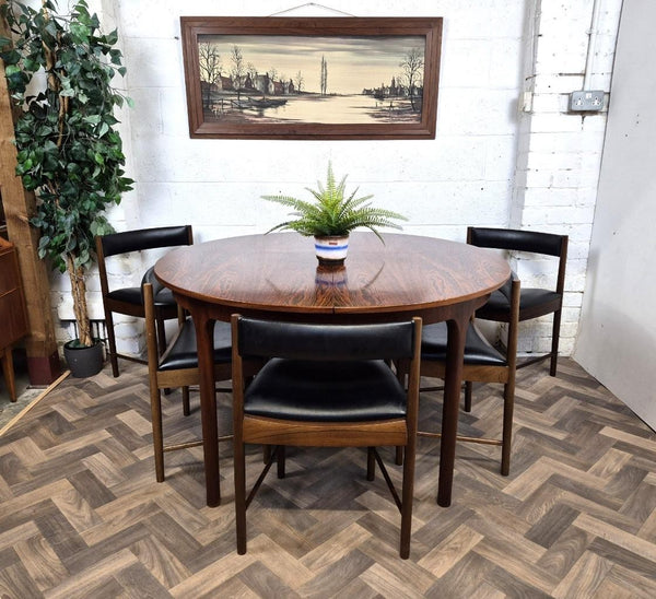 Vintage Mid-Century McIntosh Rosewood Round Dining Table & 6 Black Vinyl Chairs