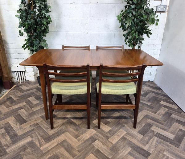 Vintage Mid-Century McIntosh Teak Extending Dining Table & 4 Green Chairs